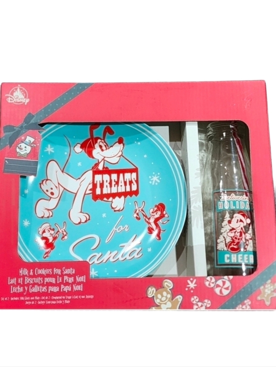 Disney Other - Disney Mickey Pluto Milk Cookies Santa Plate Glass Set NWT Christmas